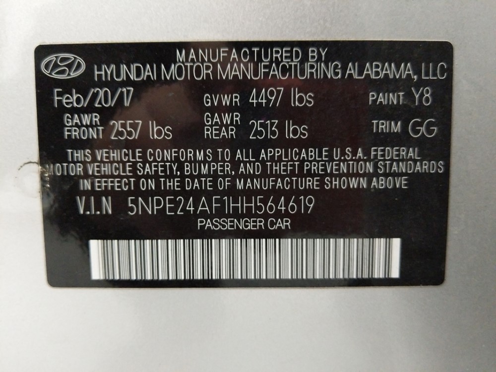 2017 Hyundai Sonata - VIN Plate