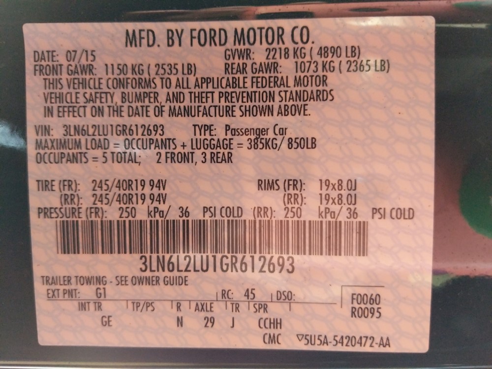 2016 Lincoln MKZ - VIN Plate