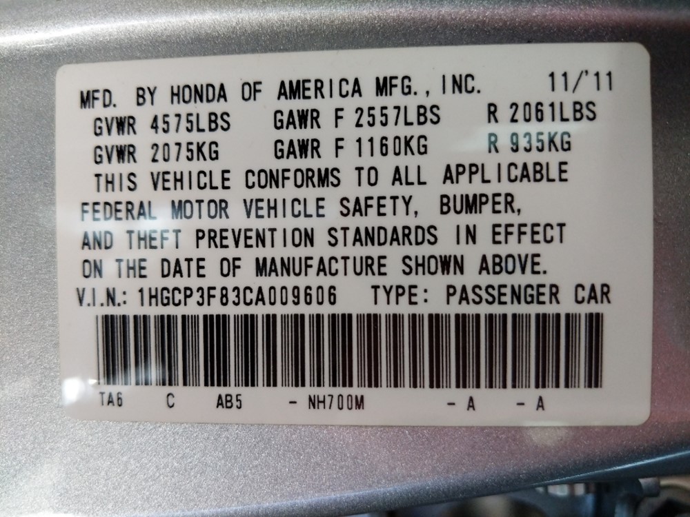 2012 Honda Accord - VIN Plate