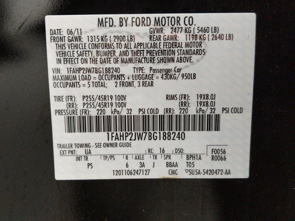 2011 Ford Taurus - VIN Plate