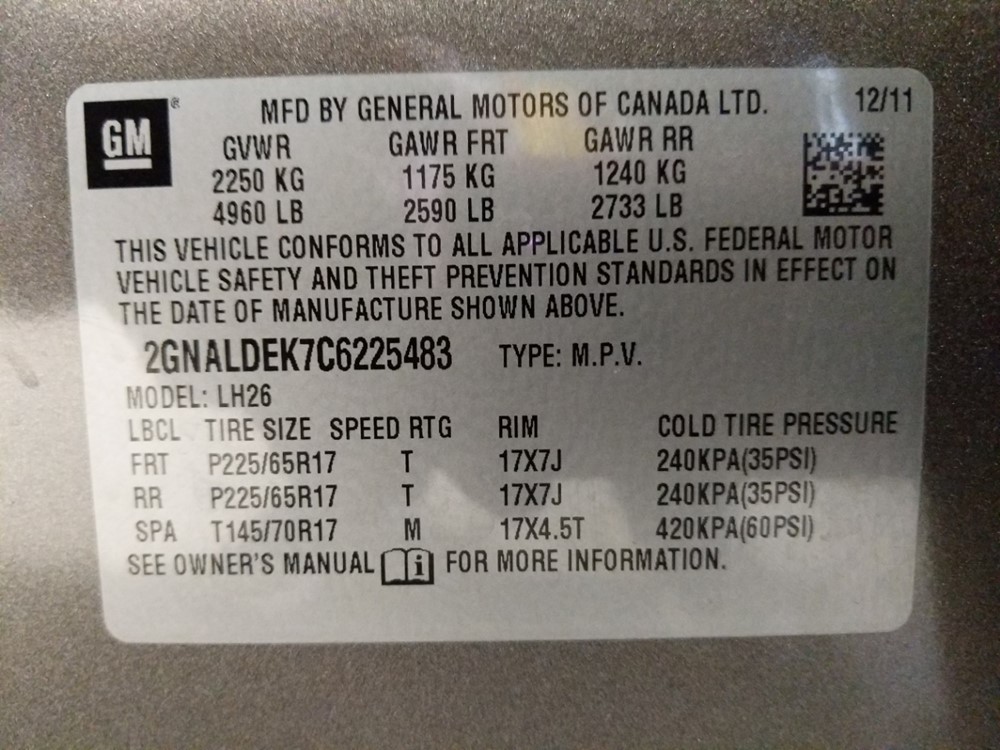 2012 Chevrolet Equinox - VIN Plate