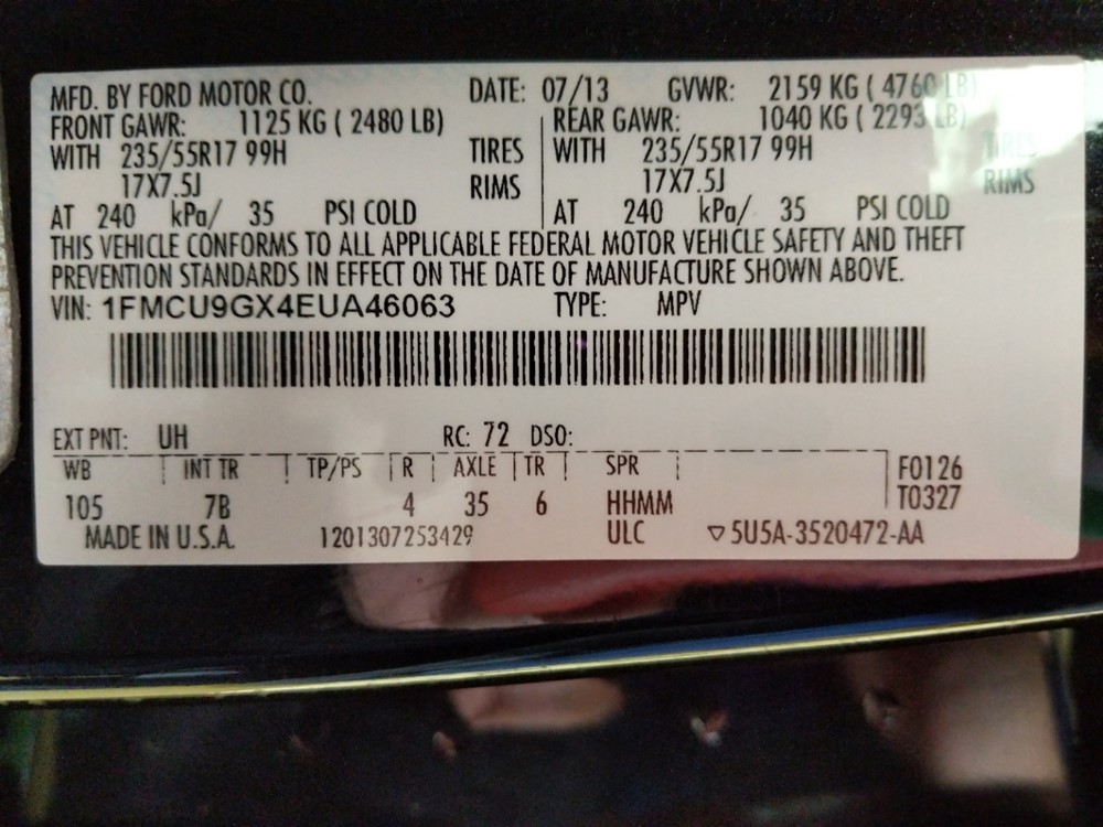 2014 Ford Escape - VIN Plate