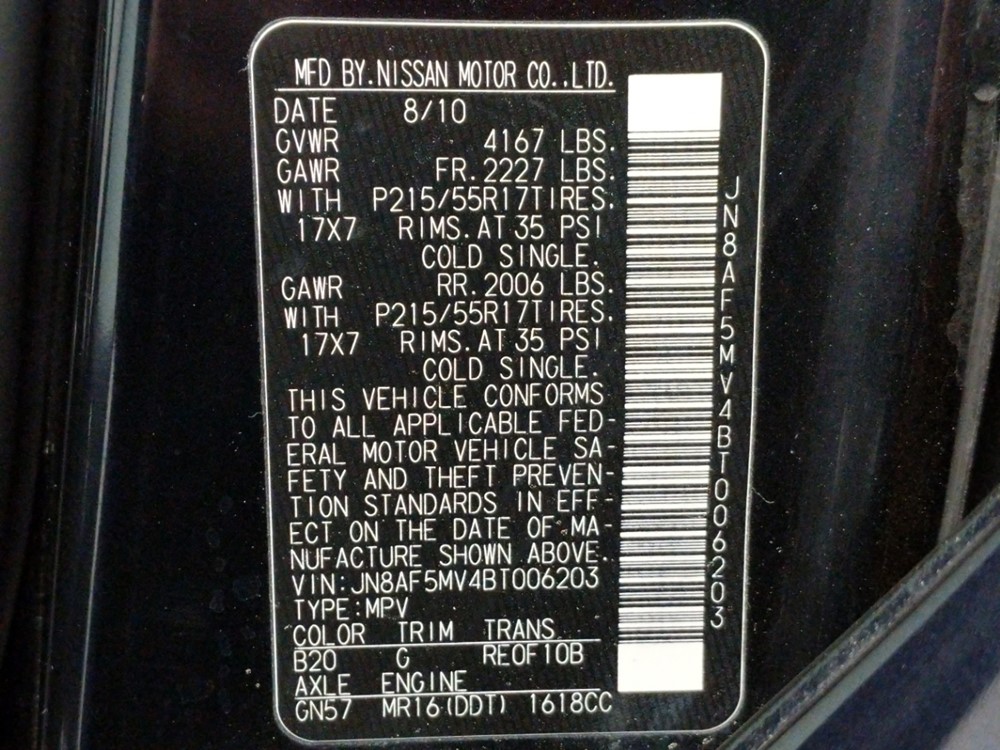 2011 Nissan JUKE - VIN Plate