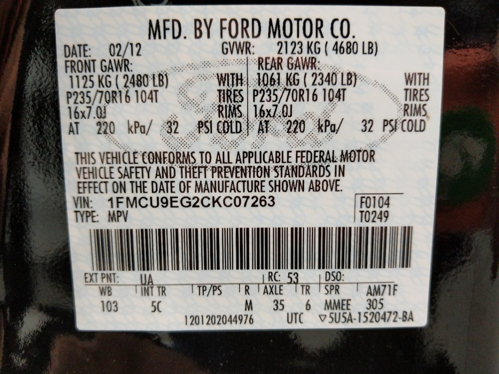 2012 Ford Escape - VIN Plate