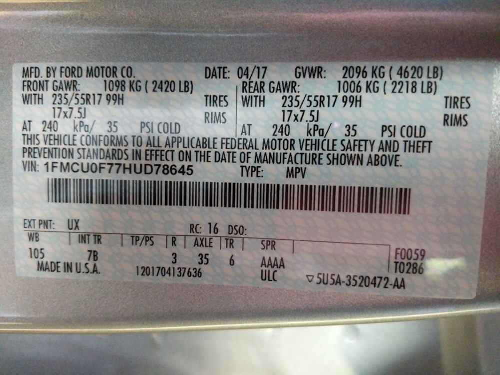 2017 Ford Escape - VIN Plate