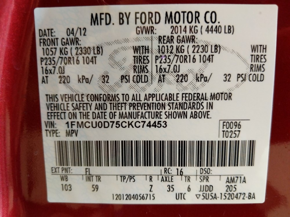 2012 Ford Escape - VIN Plate
