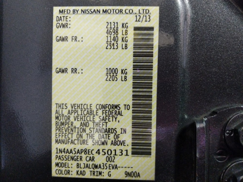 2014 Nissan Maxima - VIN Plate