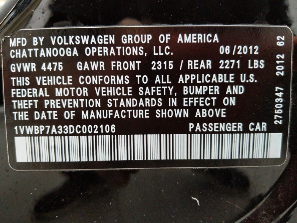 2013 Volkswagen Passat - VIN Plate