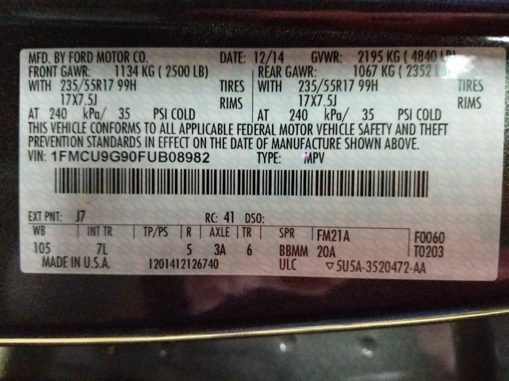 2015 Ford Escape - VIN Plate