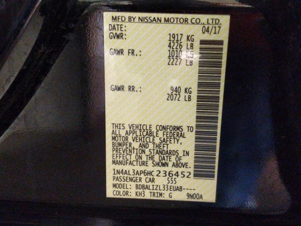 2017 Nissan Altima - VIN Plate