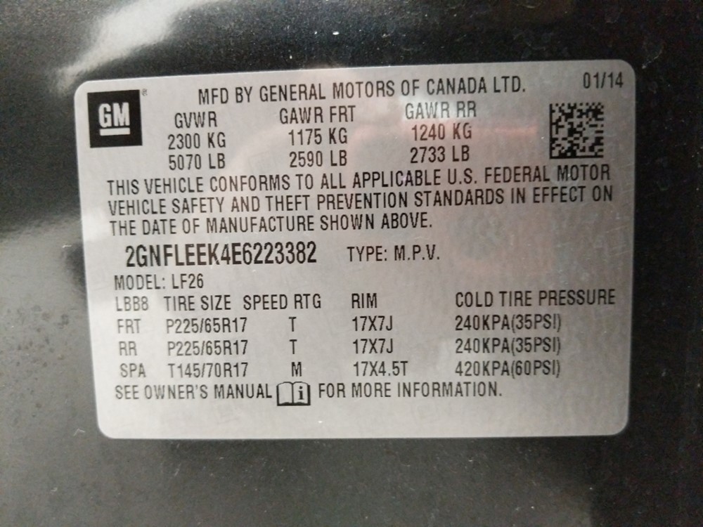 2014 Chevrolet Equinox - VIN Plate