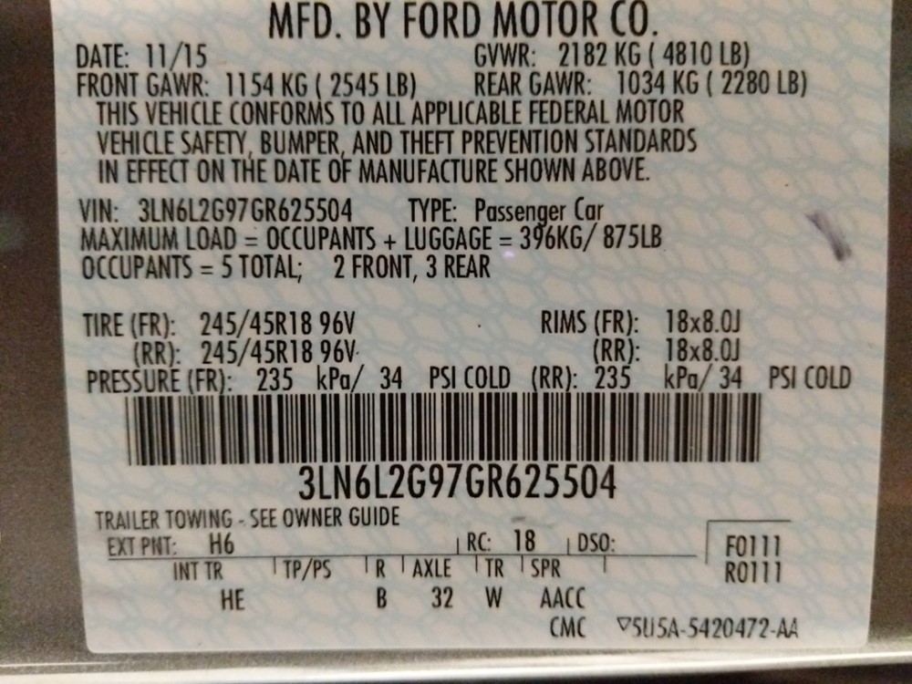 2016 Lincoln MKZ - VIN Plate
