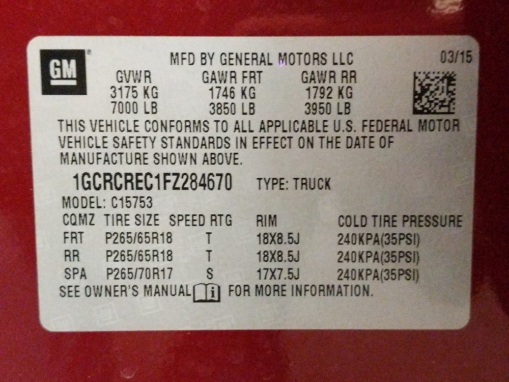 2015 Chevrolet Silverado 1500 - VIN Plate