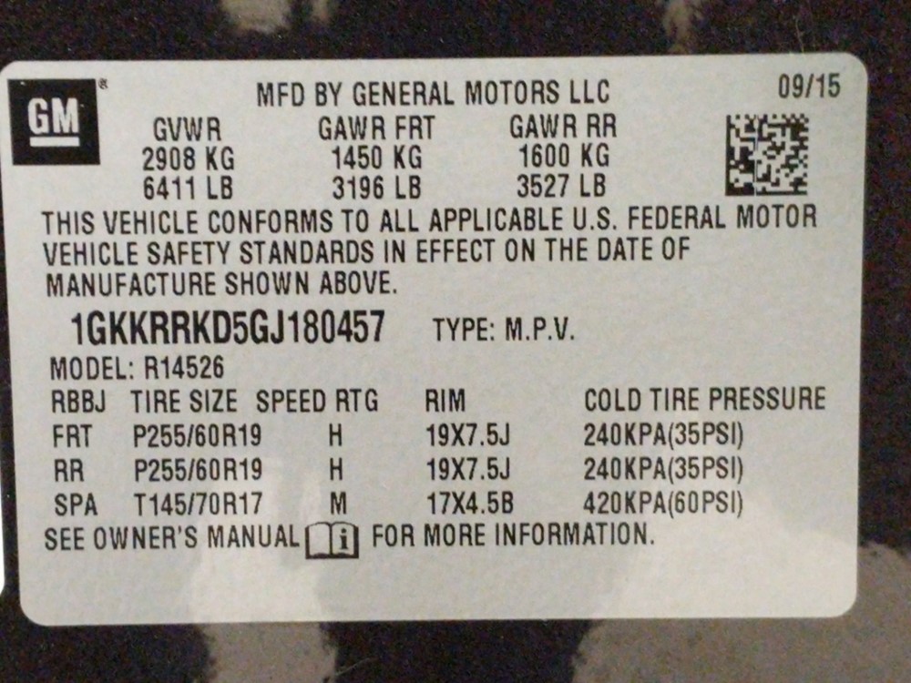2016 GMC Acadia - VIN Plate