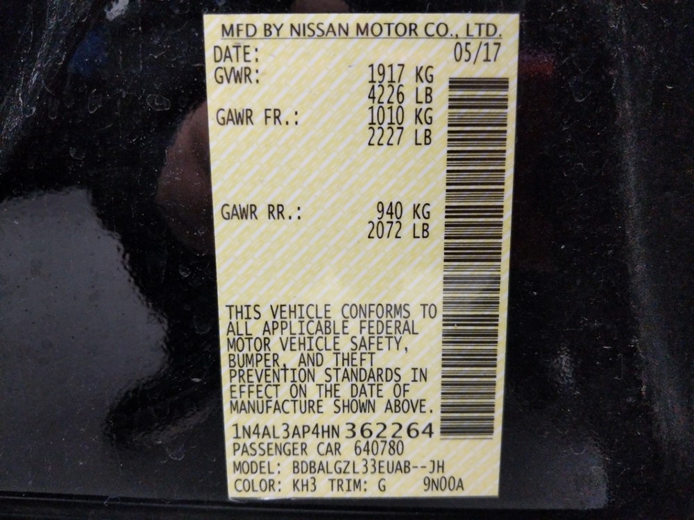 2017 Nissan Altima - VIN Plate
