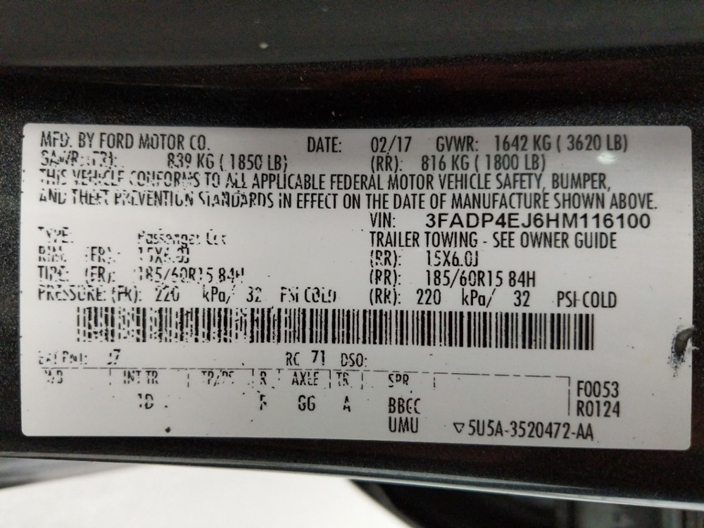 2017 Ford Fiesta - VIN Plate