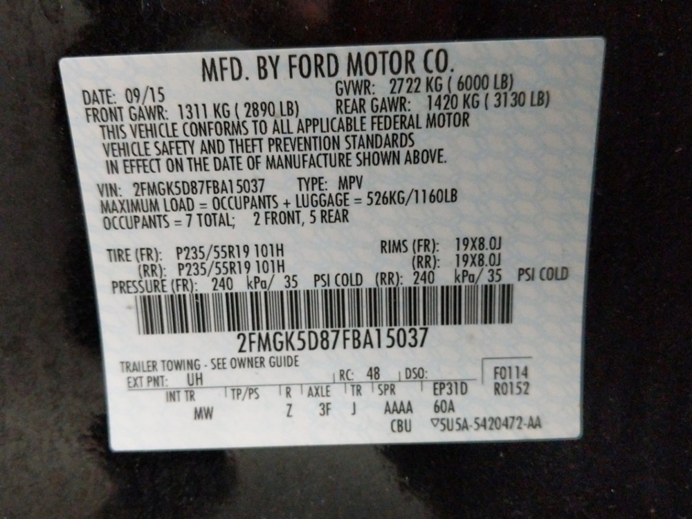 2015 Ford Flex - VIN Plate