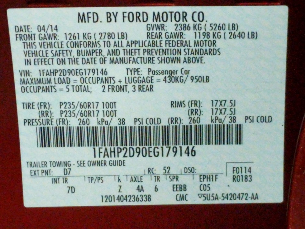 2014 Ford Taurus - VIN Plate