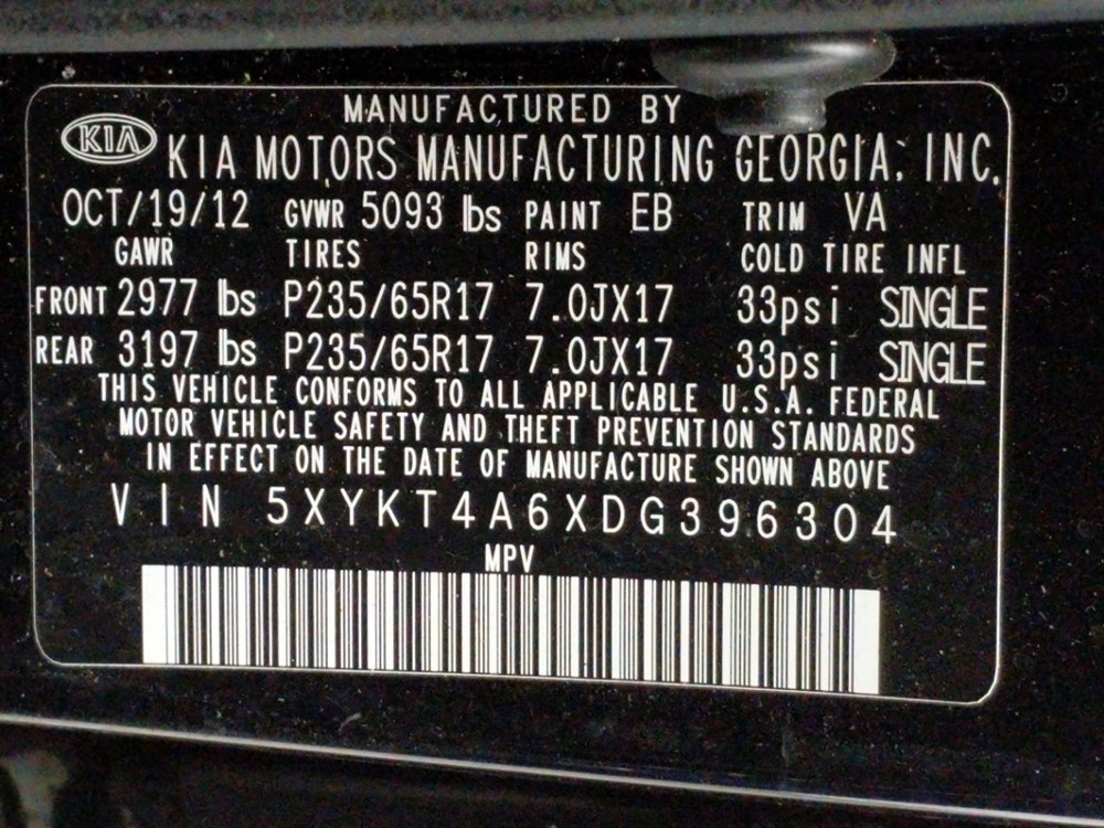 2013 Kia Sorento - VIN Plate