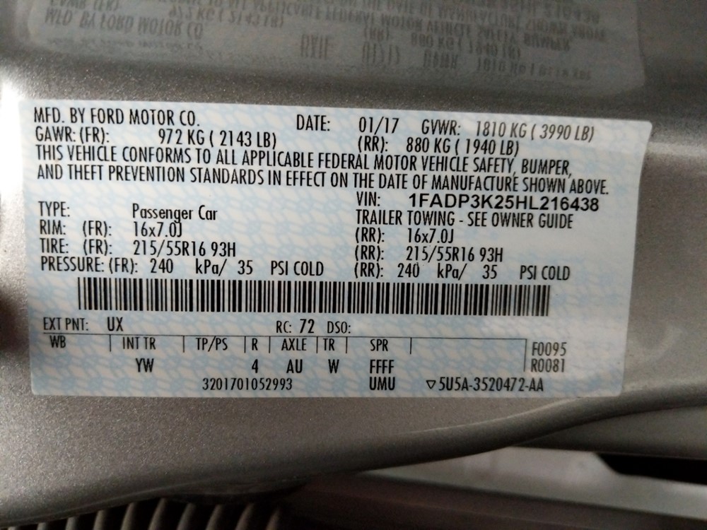 2017 Ford Focus - VIN Plate