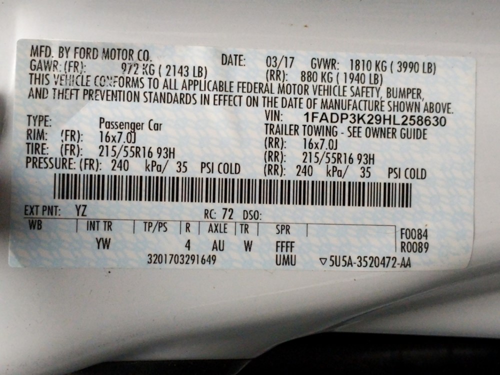 2017 Ford Focus - VIN Plate