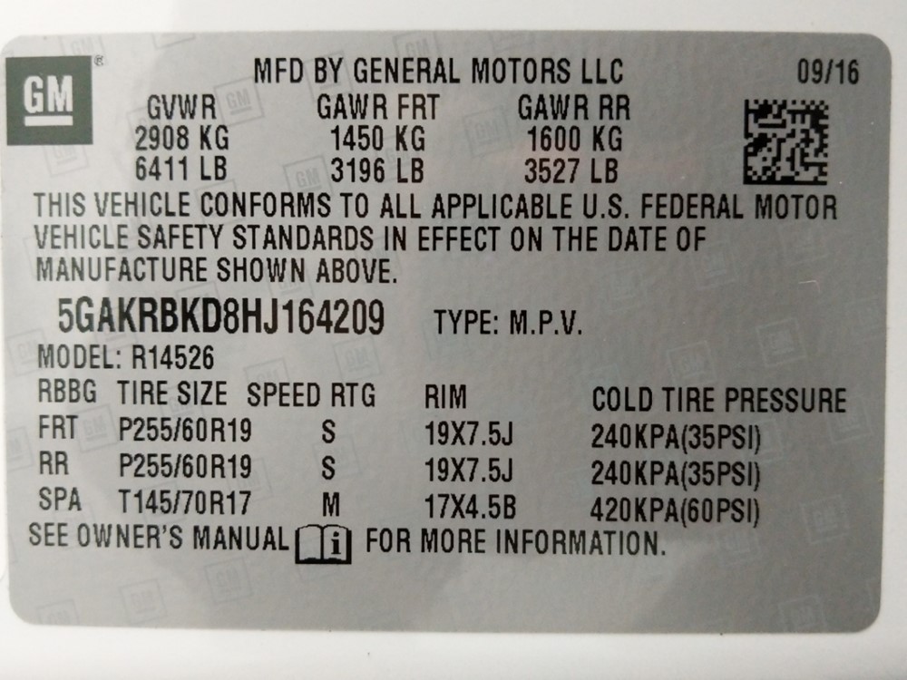 2017 Buick Enclave - VIN Plate