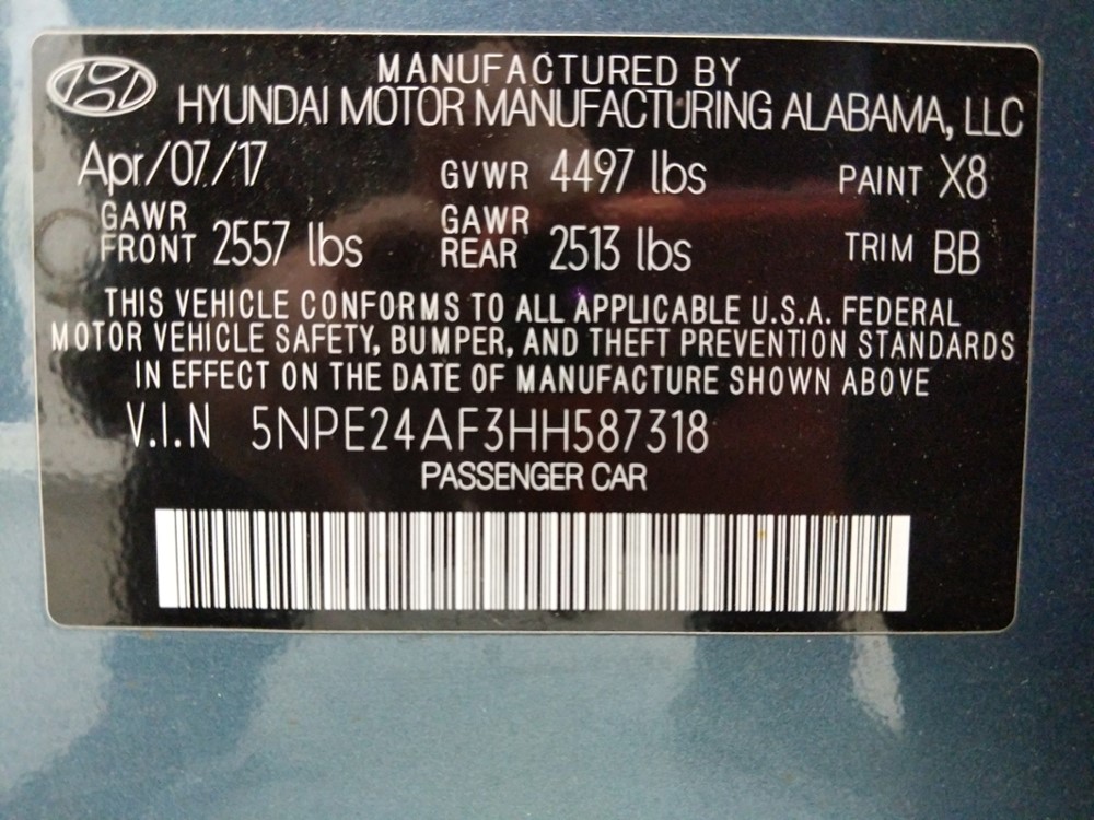 2017 Hyundai Sonata - VIN Plate