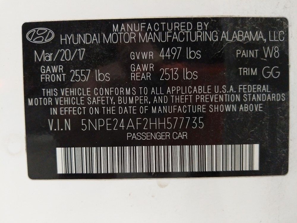 2017 Hyundai Sonata - VIN Plate
