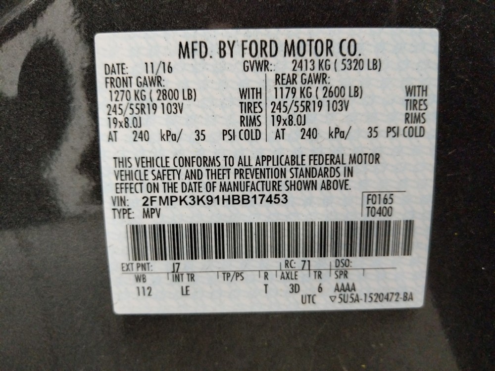 2017 Ford Edge - VIN Plate