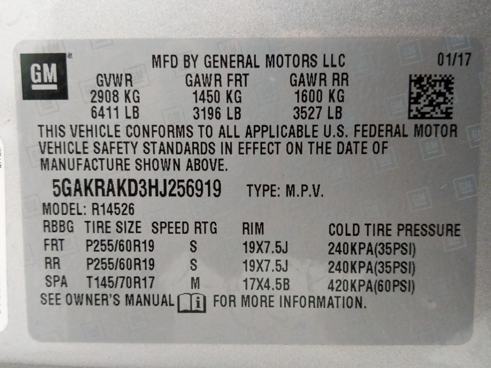 2017 Buick Enclave - VIN Plate