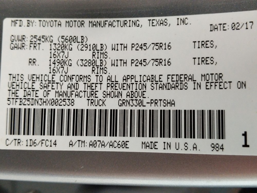 2017 Toyota Tacoma - VIN Plate
