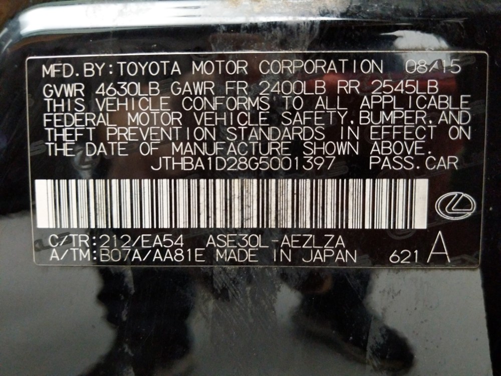 2016 Lexus IS 200t - VIN Plate