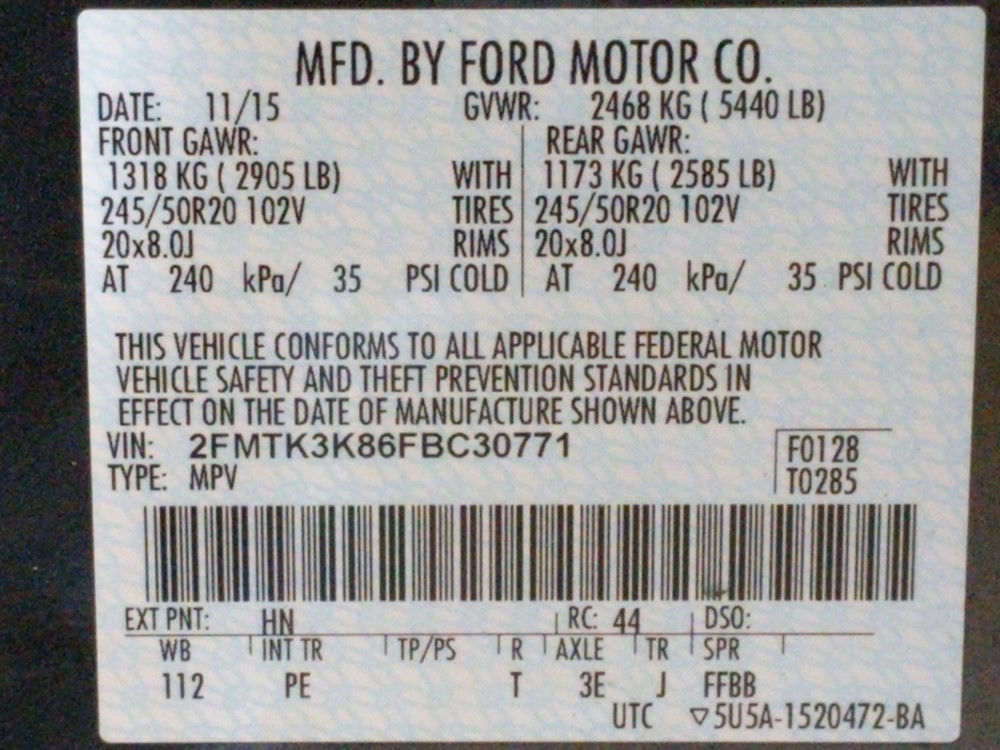 2015 Ford Edge - VIN Plate