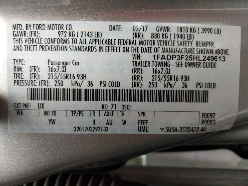 2017 Ford Focus - VIN Plate