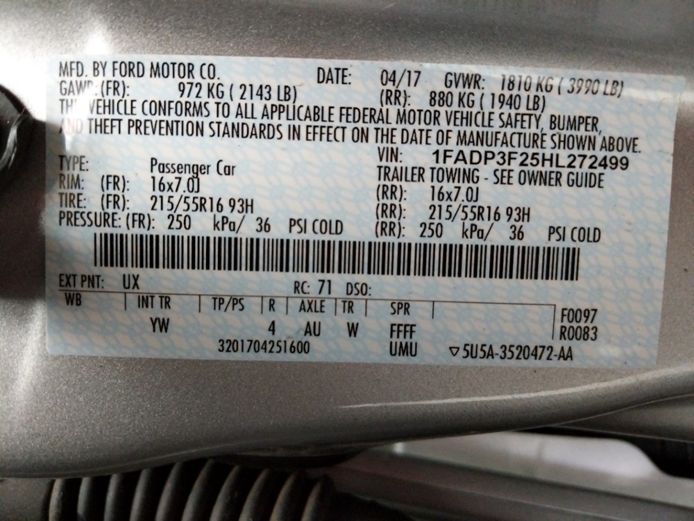 2017 Ford Focus - VIN Plate