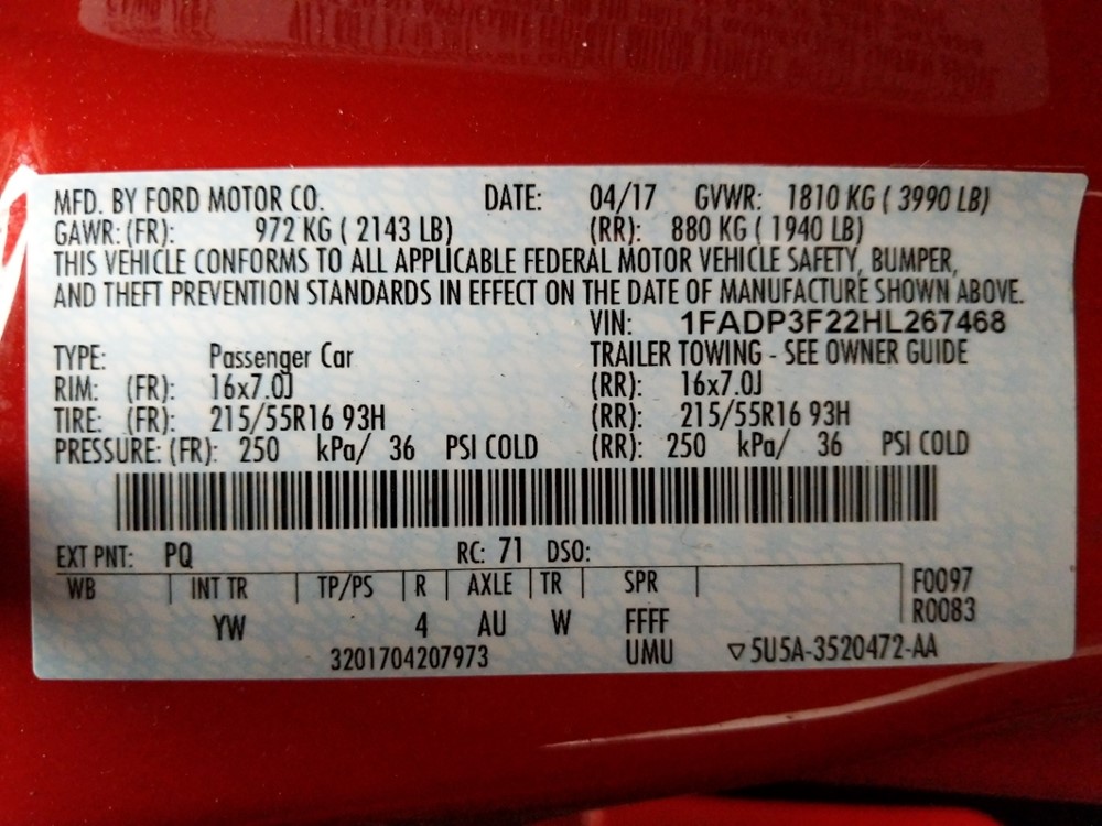 2017 Ford Focus - VIN Plate