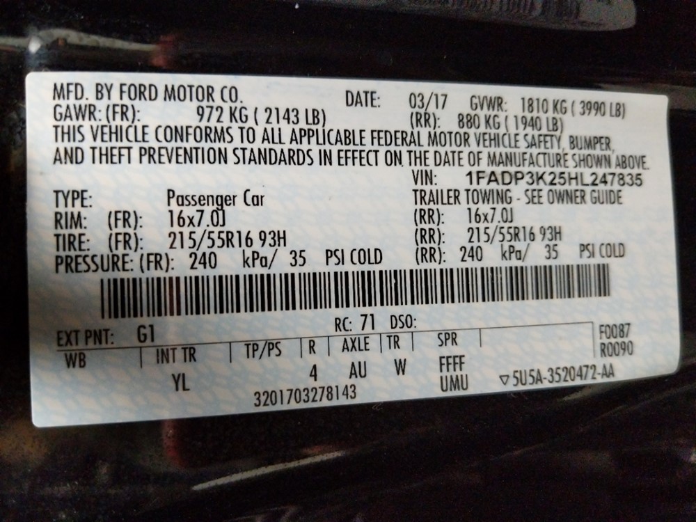 2017 Ford Focus - VIN Plate