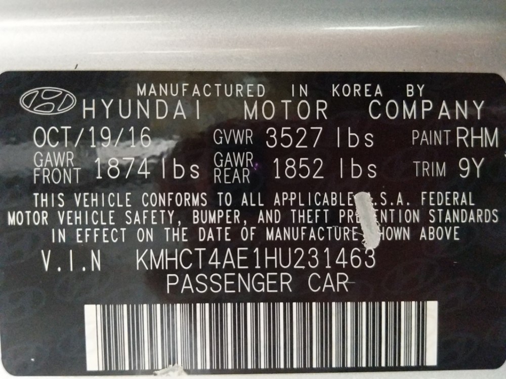 2017 Hyundai Accent - VIN Plate