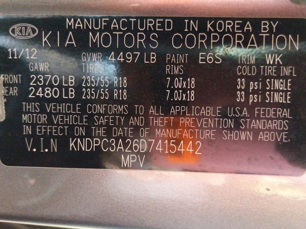 2013 Kia Sportage - VIN Plate