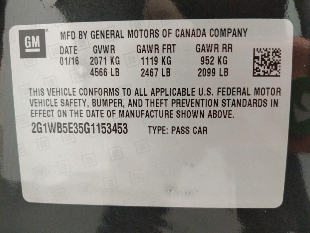 2016 Chevrolet Impala - VIN Plate