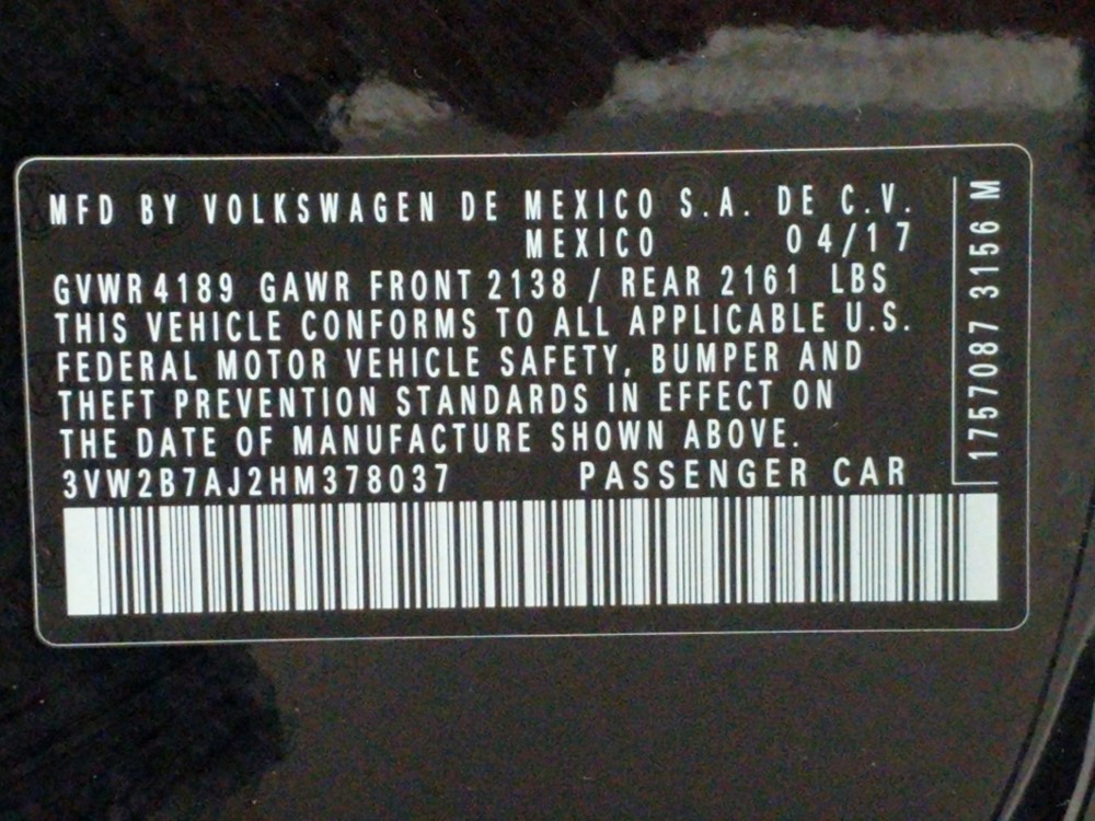 2017 Volkswagen Jetta - VIN Plate