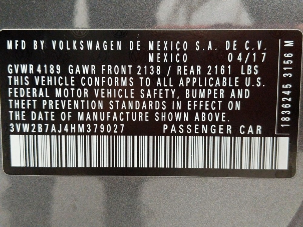2017 Volkswagen Jetta - VIN Plate