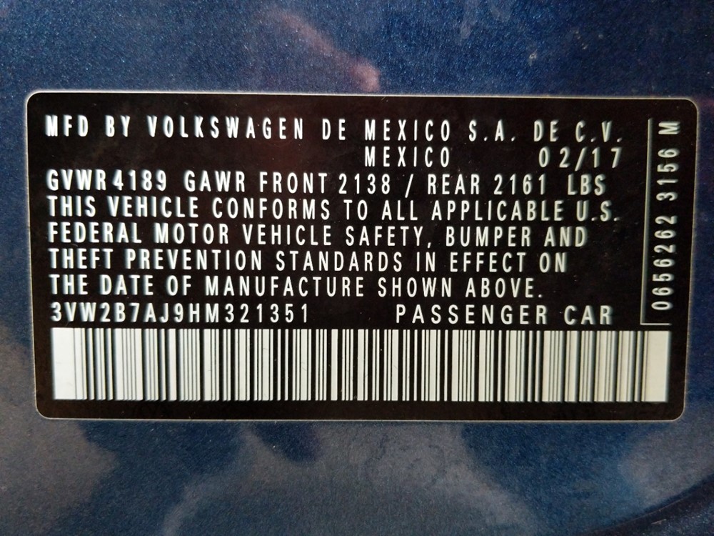 2017 Volkswagen Jetta - VIN Plate