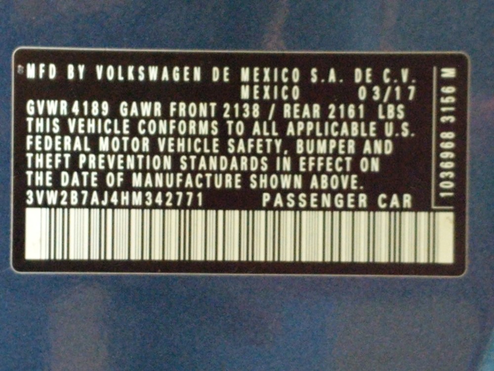 2017 Volkswagen Jetta - VIN Plate