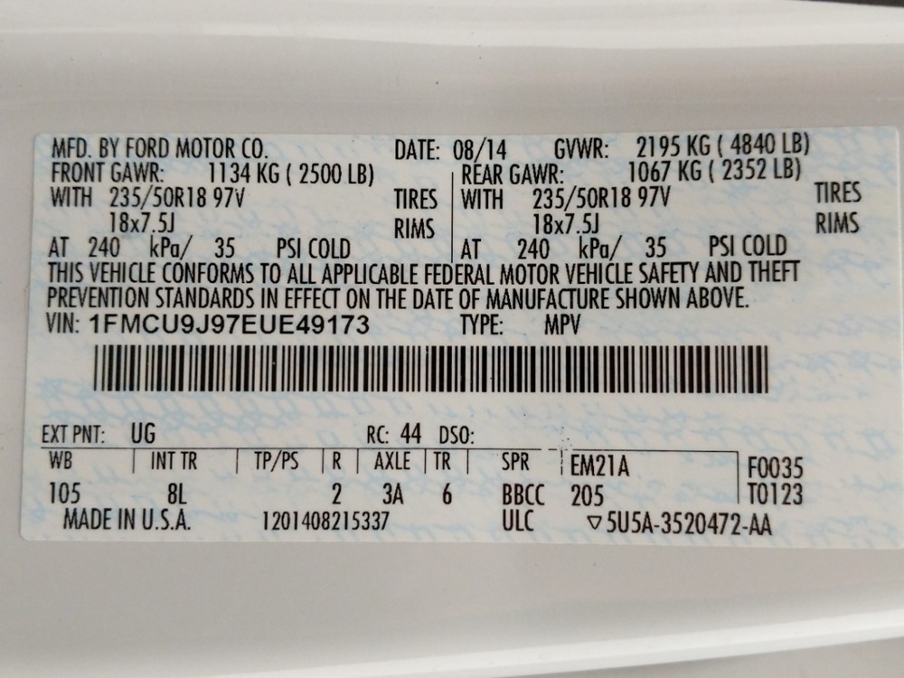 2014 Ford Escape - VIN Plate