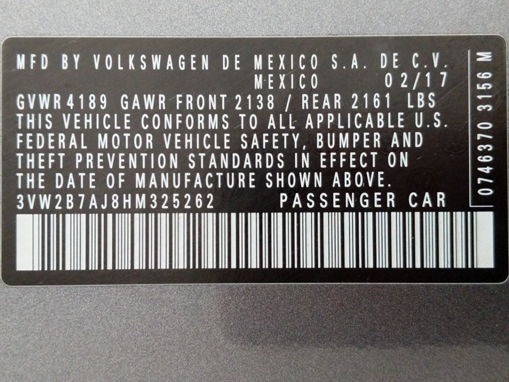 2017 Volkswagen Jetta - VIN Plate