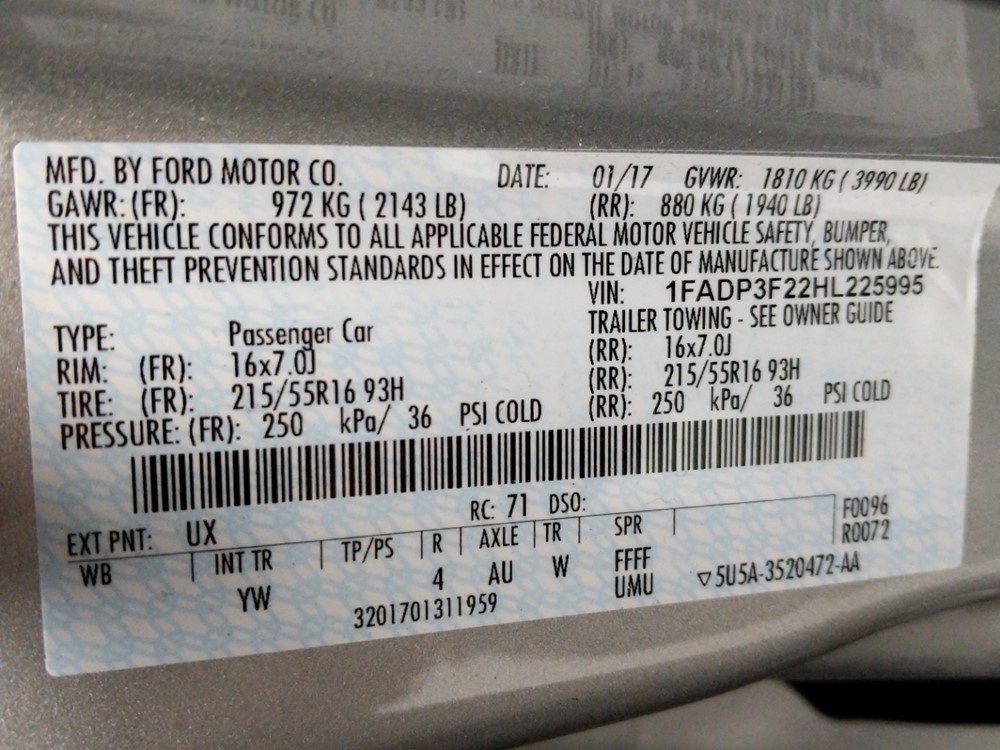2017 Ford Focus - VIN Plate