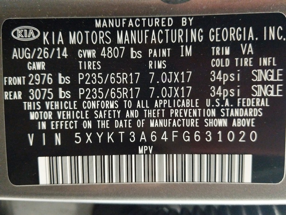 2015 Kia Sorento - VIN Plate