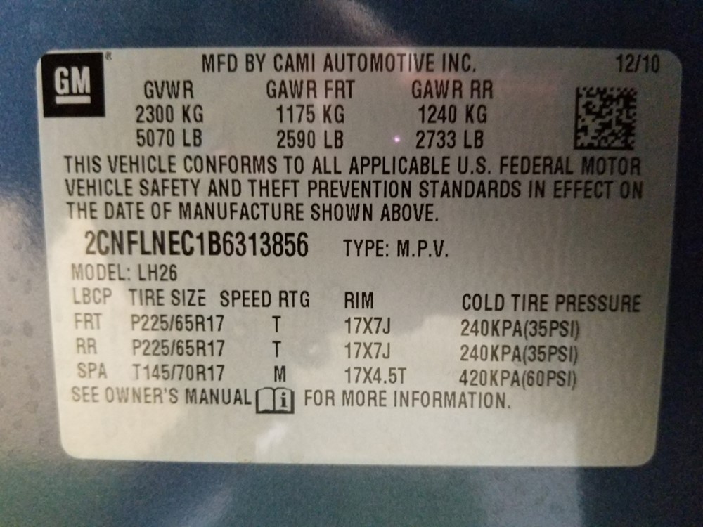 2011 Chevrolet Equinox - VIN Plate