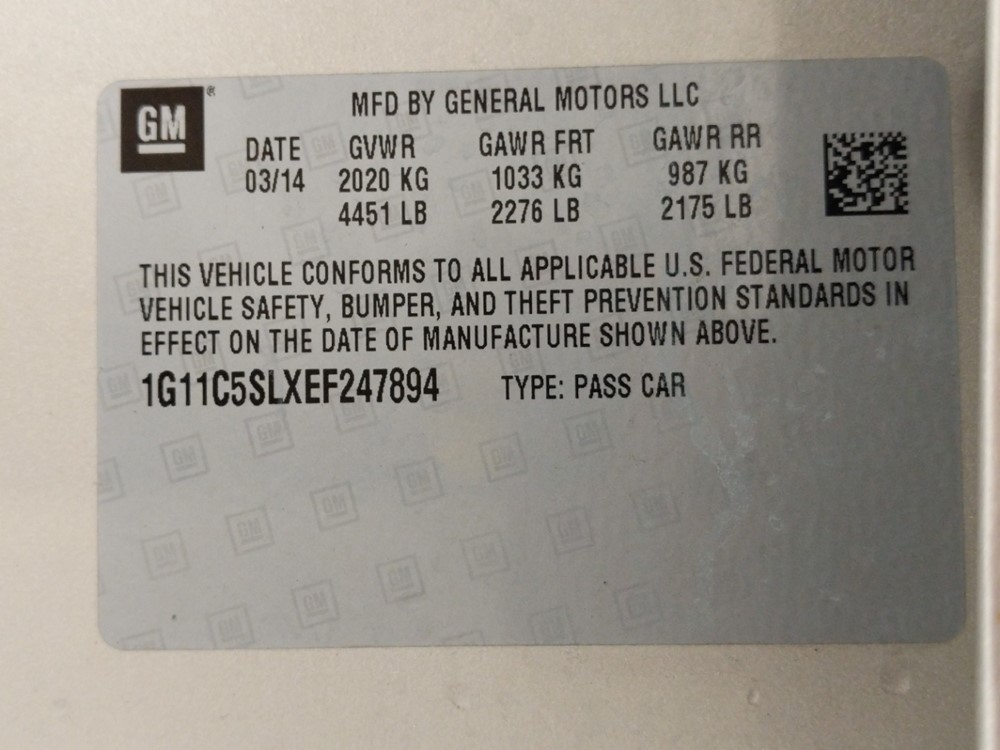 2014 Chevrolet Malibu - VIN Plate